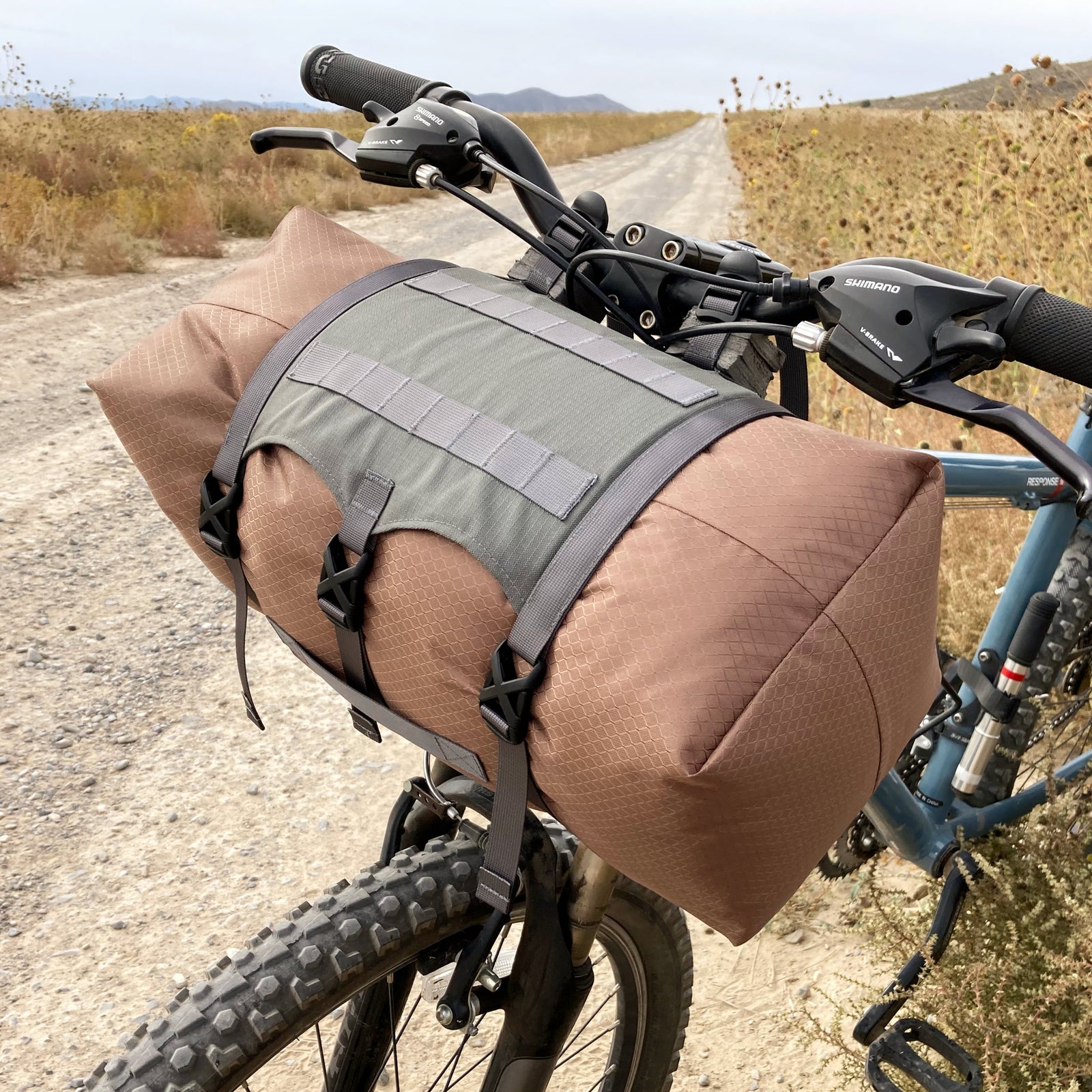 Handlebar bag on front of a bike.