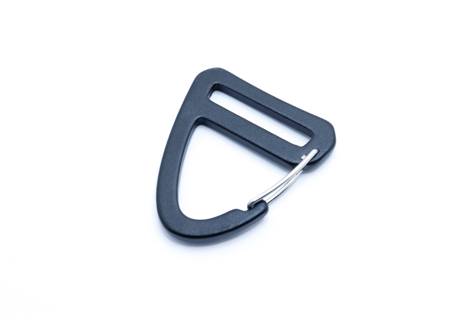 Close-up of anodized aluminum Trigon Clip Hook showcasing its lightweight design