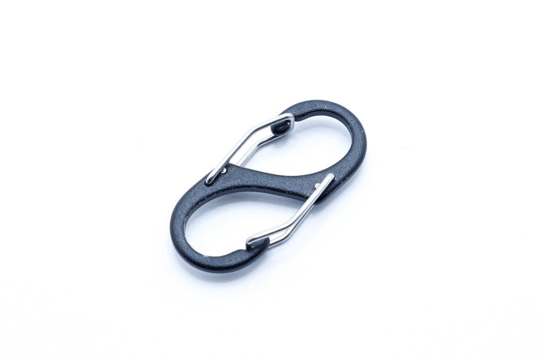 Aluminum mini carabiner shown close-up to attach to zippers.