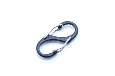 Aluminum mini carabiner shown close-up to attach to zippers.