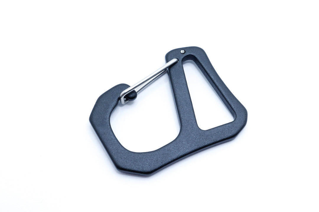 Close-up of anodized aluminum Igloo Clip Hook with stainless steel gate