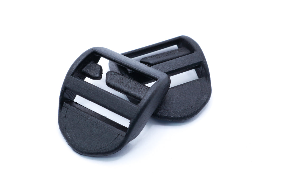 A unique slotted bar, designed to simply slip onto a fixed sewn webbing loop. Great for field repairs. A simple means to attach pockets.
