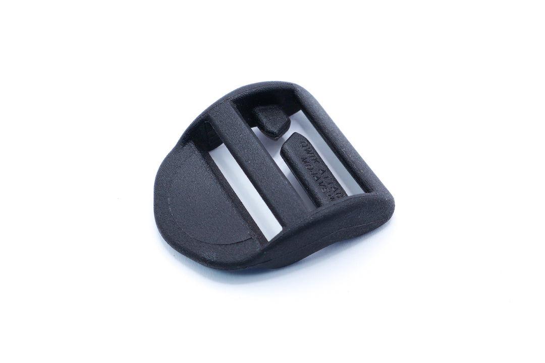 A unique slotted bar, designed to simply slip onto a fixed sewn webbing loop. Great for field repairs. A simple means to attach pockets.