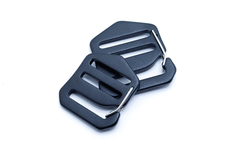 Close-up of anodized aluminum Viking Dual Hook with stainless steel gate