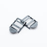two metal ladder locks on a white background. Also known as webbing adjusters