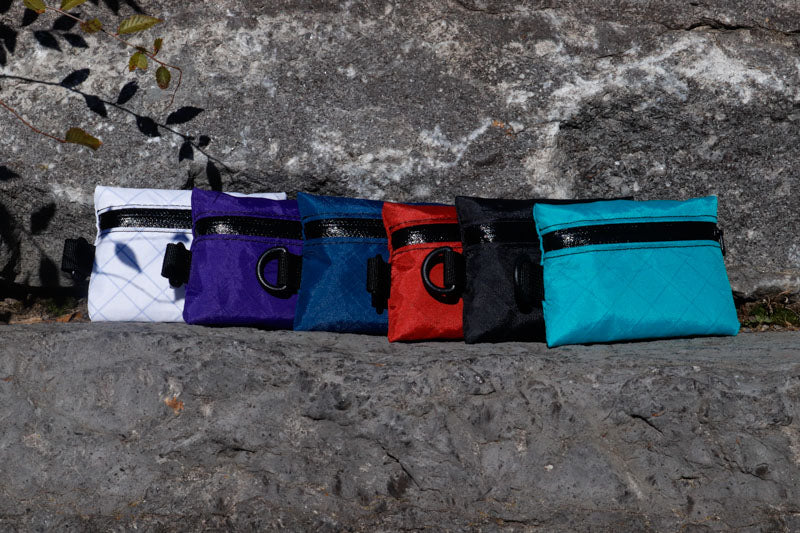 These are zippered pouches made from recycled fabric offered by refasten Canada, as well as YKK AquaGuard zipper and Woojin Plastic hardware. 