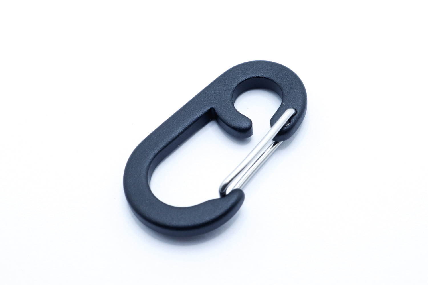 Close-up of DIY sewing hardware – anodized aluminum mini carabiner