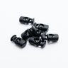 black plastic cord locks on a white background