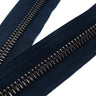 Close-up of brass YKK metal zipper teeth and slider, highlighting the durable construction.