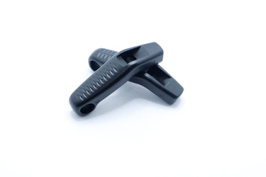 Black plastic curved safety whistle shown from the side, lightweight signal whistle for hiking